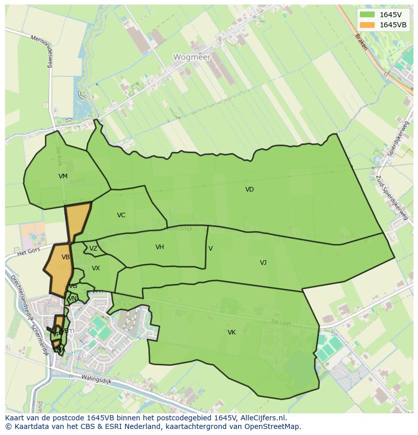 Afbeelding van het postcodegebied 1645 VB op de kaart.