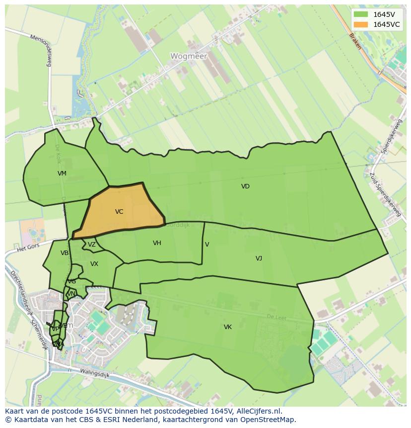 Afbeelding van het postcodegebied 1645 VC op de kaart.