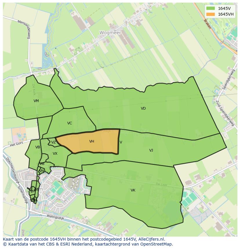 Afbeelding van het postcodegebied 1645 VH op de kaart.