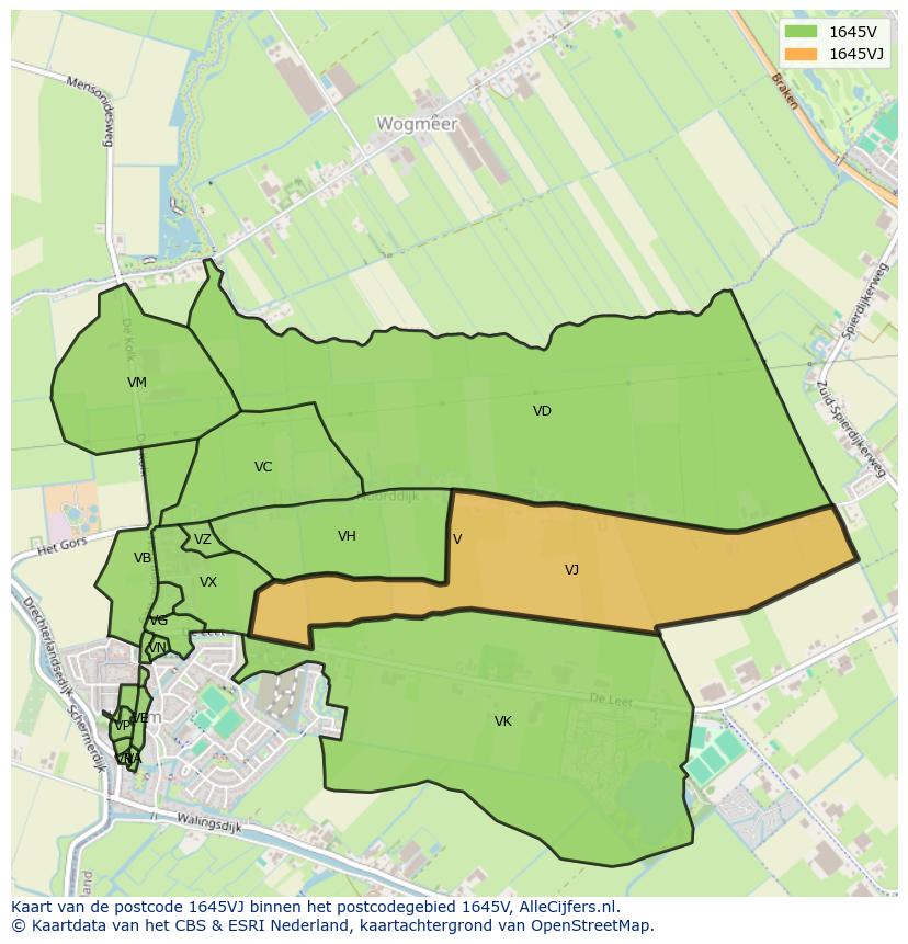 Afbeelding van het postcodegebied 1645 VJ op de kaart.