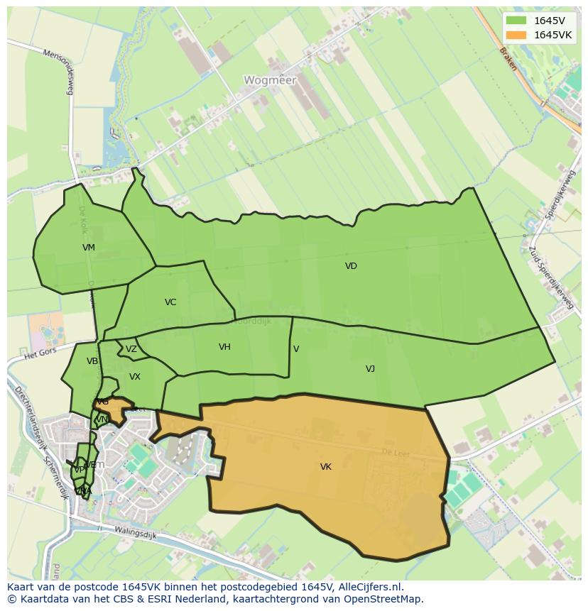 Afbeelding van het postcodegebied 1645 VK op de kaart.
