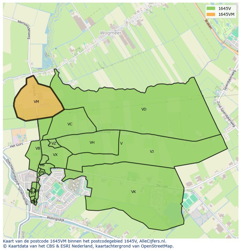 Afbeelding van het postcodegebied 1645 VM op de kaart.