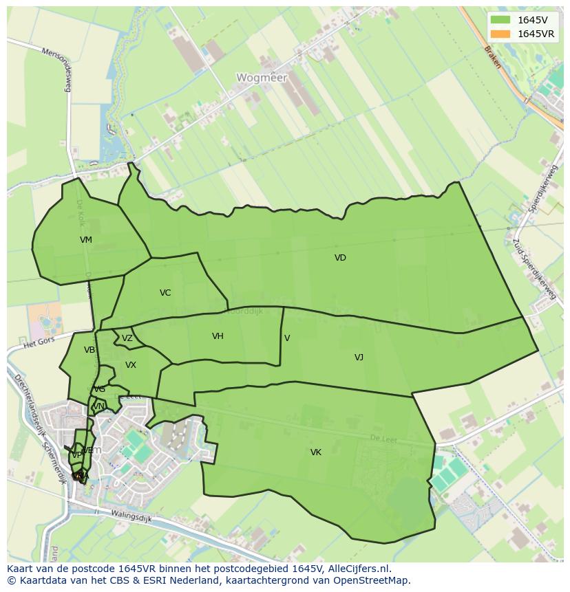 Afbeelding van het postcodegebied 1645 VR op de kaart.