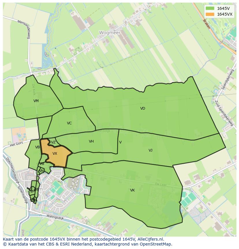 Afbeelding van het postcodegebied 1645 VX op de kaart.