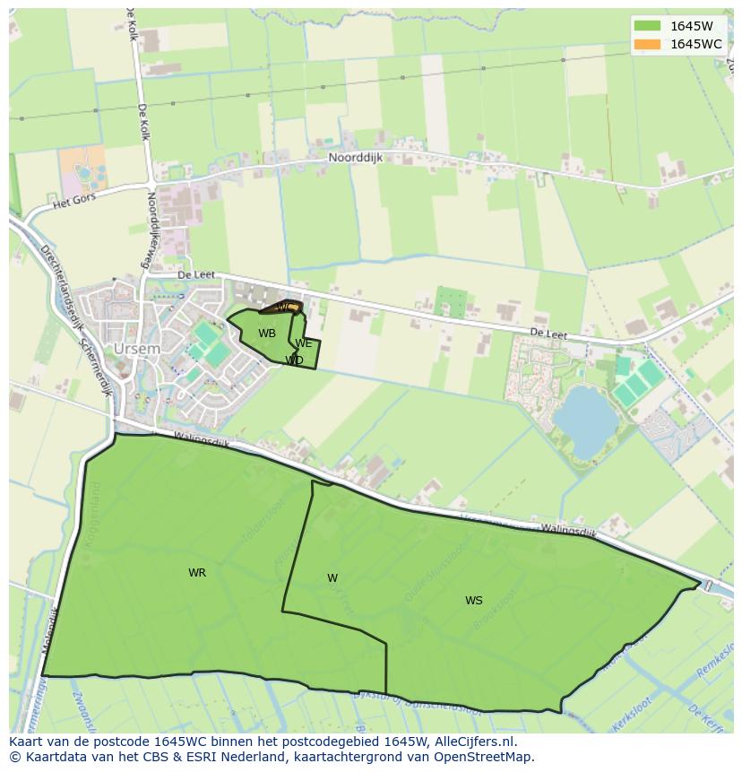Afbeelding van het postcodegebied 1645 WC op de kaart.