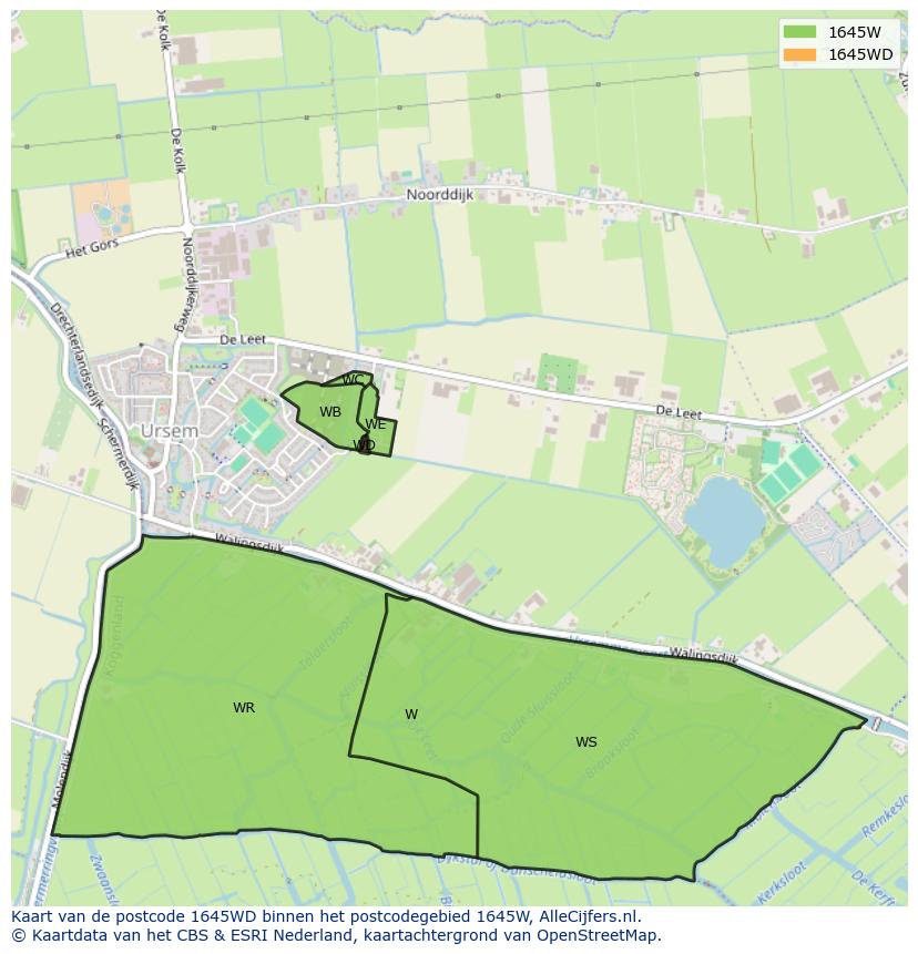 Afbeelding van het postcodegebied 1645 WD op de kaart.