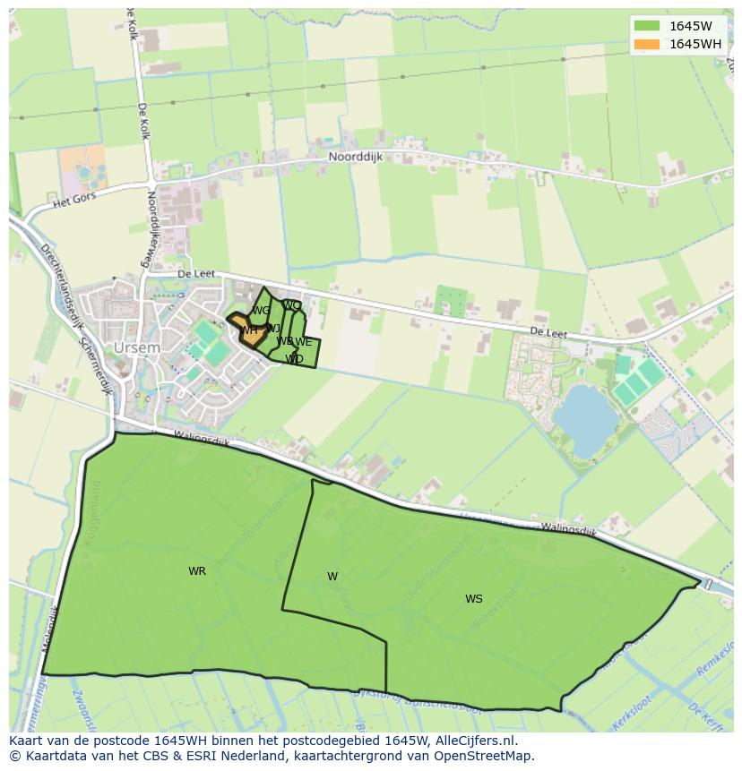 Afbeelding van het postcodegebied 1645 WH op de kaart.
