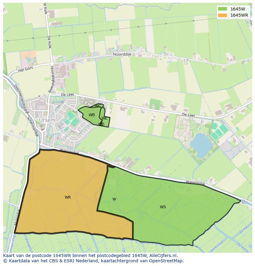Afbeelding van het postcodegebied 1645 WR op de kaart.