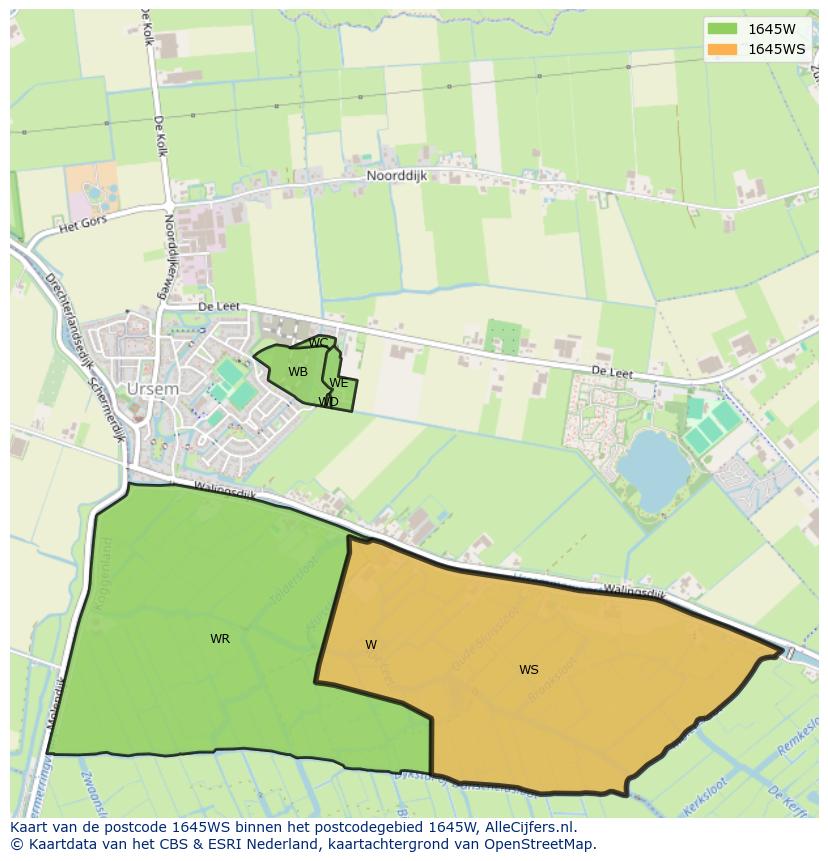Afbeelding van het postcodegebied 1645 WS op de kaart.