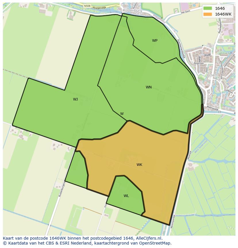Afbeelding van het postcodegebied 1646 WK op de kaart.