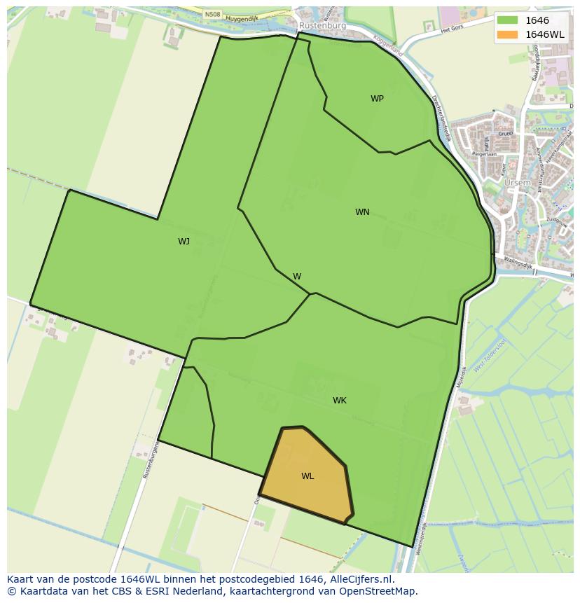 Afbeelding van het postcodegebied 1646 WL op de kaart.