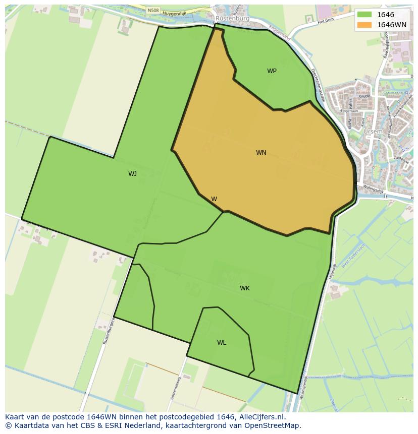Afbeelding van het postcodegebied 1646 WN op de kaart.