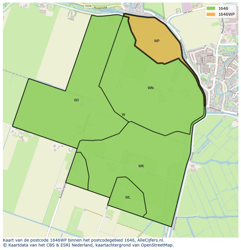Afbeelding van het postcodegebied 1646 WP op de kaart.