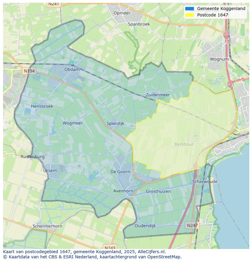 Afbeelding van het postcodegebied 1647 op de kaart.