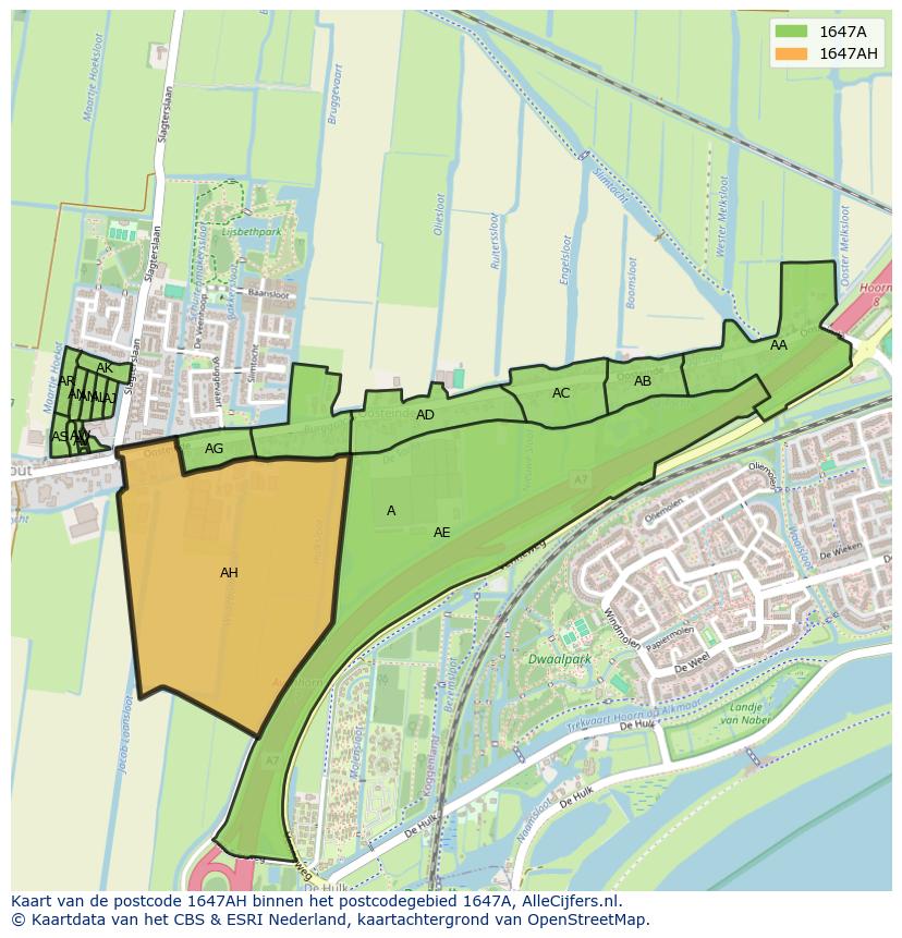 Afbeelding van het postcodegebied 1647 AH op de kaart.