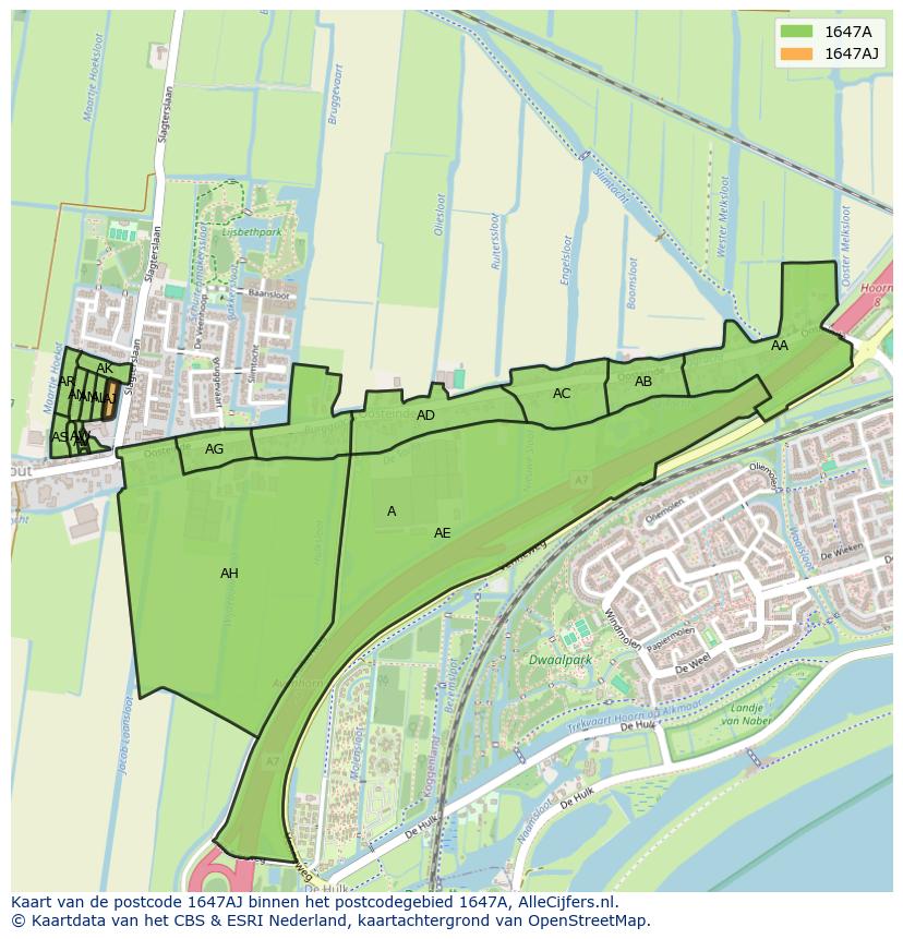 Afbeelding van het postcodegebied 1647 AJ op de kaart.