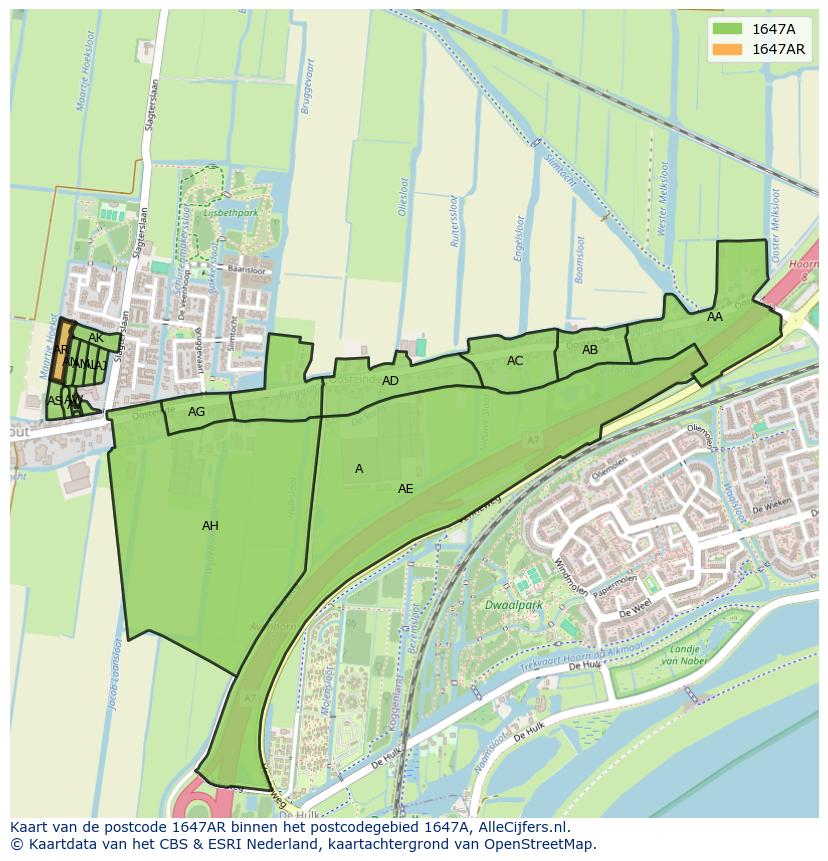 Afbeelding van het postcodegebied 1647 AR op de kaart.