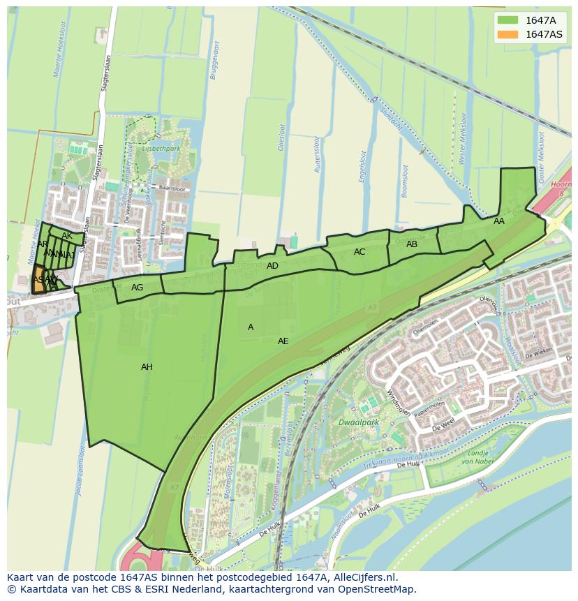 Afbeelding van het postcodegebied 1647 AS op de kaart.