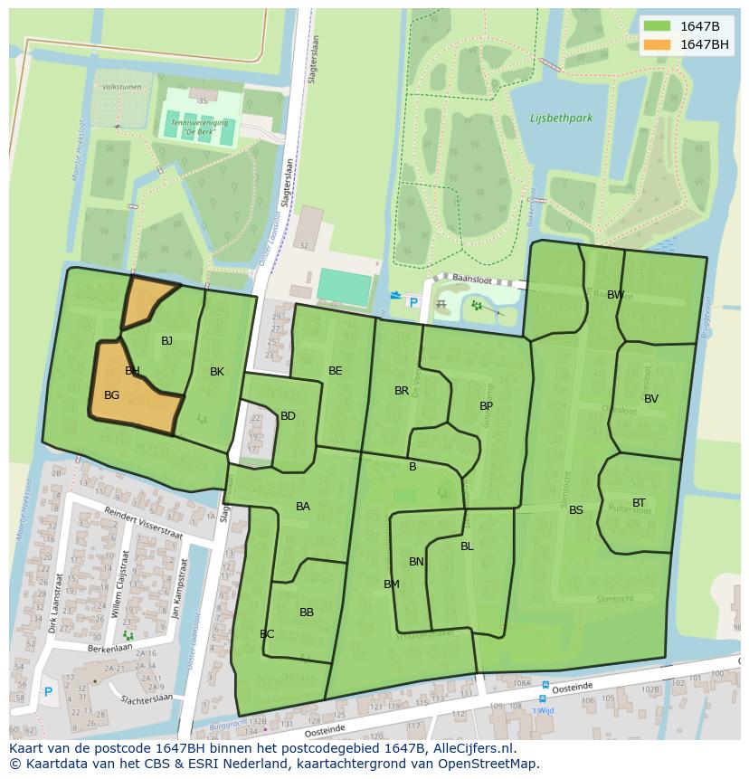 Afbeelding van het postcodegebied 1647 BH op de kaart.
