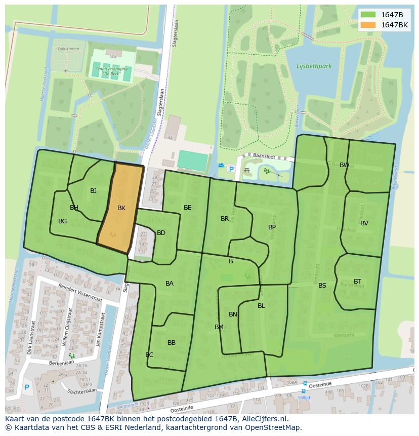 Afbeelding van het postcodegebied 1647 BK op de kaart.