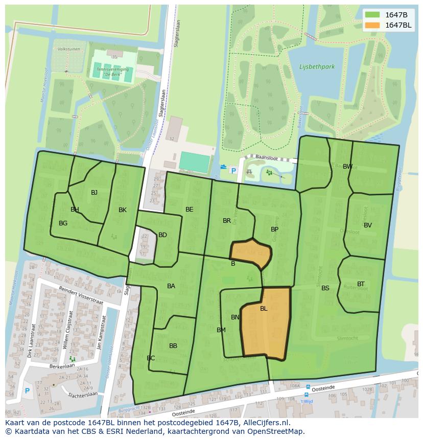 Afbeelding van het postcodegebied 1647 BL op de kaart.