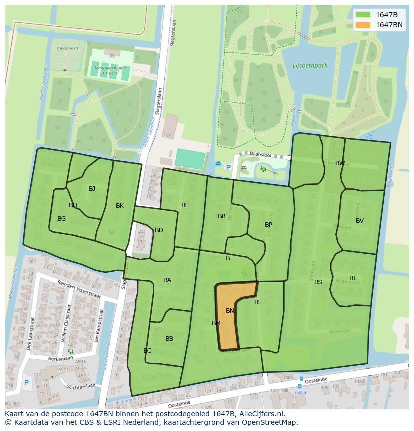 Afbeelding van het postcodegebied 1647 BN op de kaart.