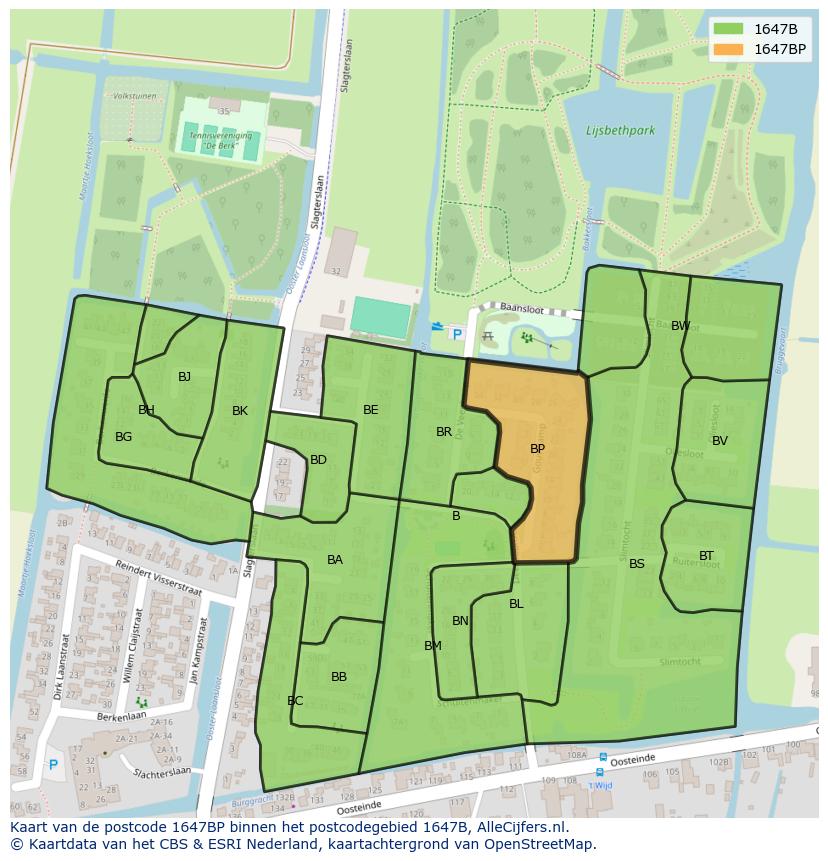 Afbeelding van het postcodegebied 1647 BP op de kaart.