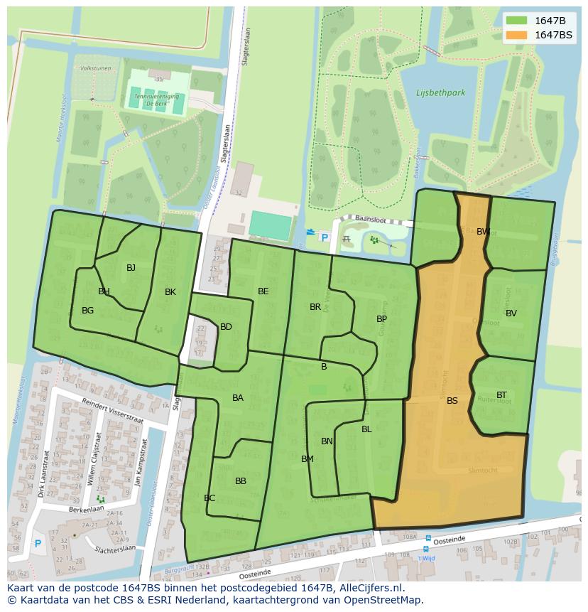 Afbeelding van het postcodegebied 1647 BS op de kaart.