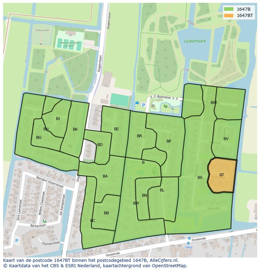 Afbeelding van het postcodegebied 1647 BT op de kaart.