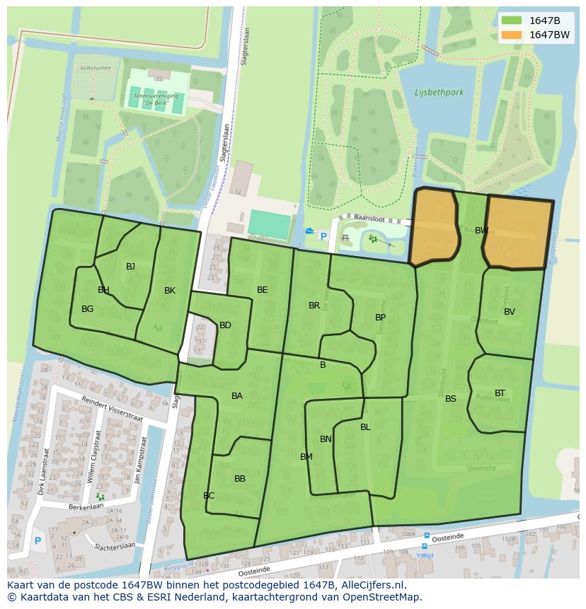 Afbeelding van het postcodegebied 1647 BW op de kaart.