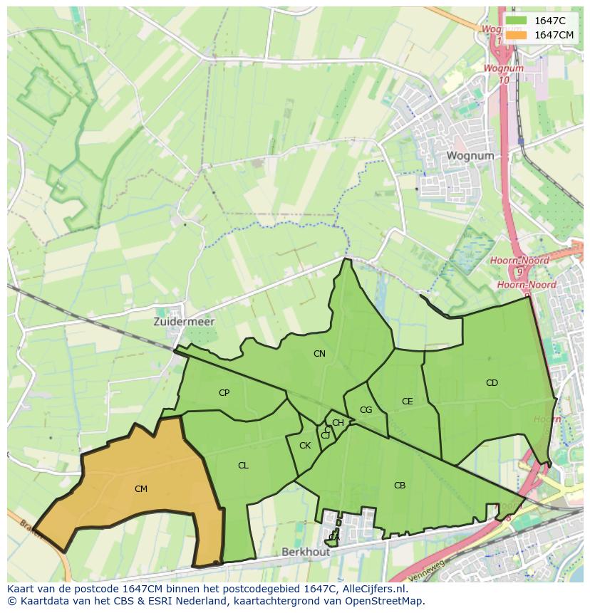 Afbeelding van het postcodegebied 1647 CM op de kaart.