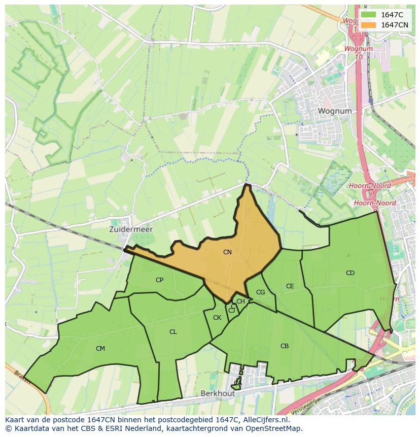 Afbeelding van het postcodegebied 1647 CN op de kaart.