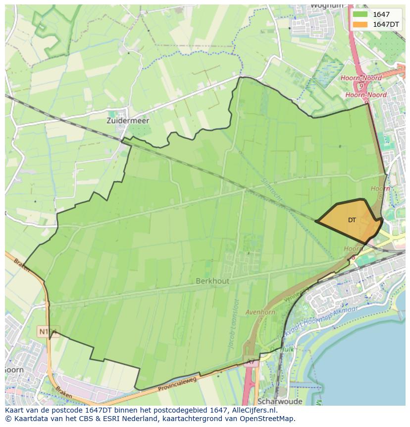 Afbeelding van het postcodegebied 1647 DT op de kaart.