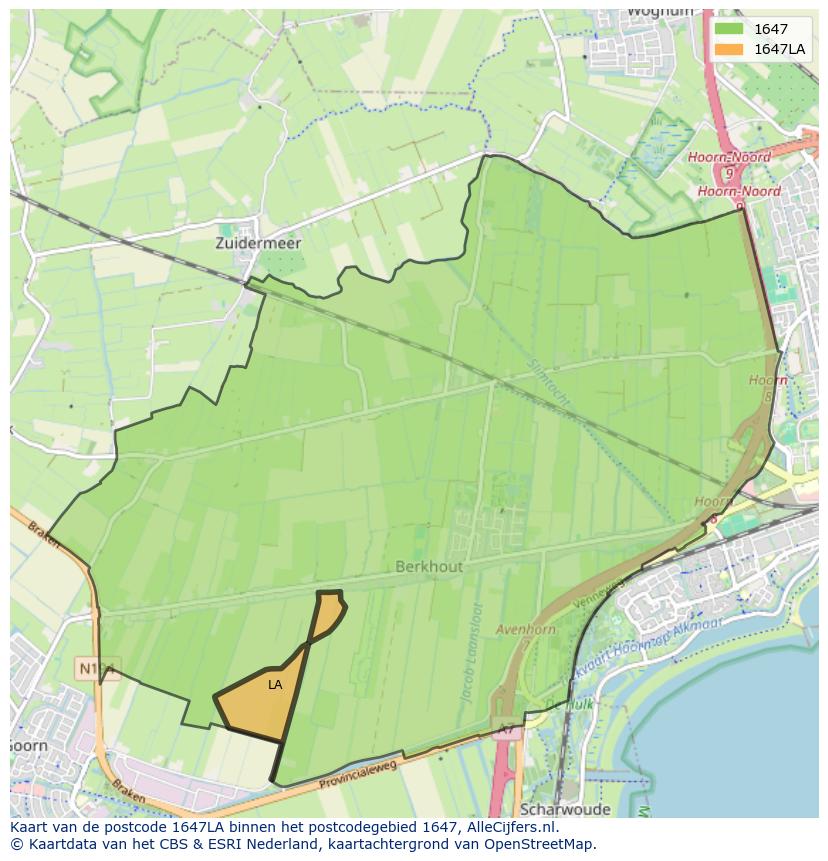 Afbeelding van het postcodegebied 1647 LA op de kaart.