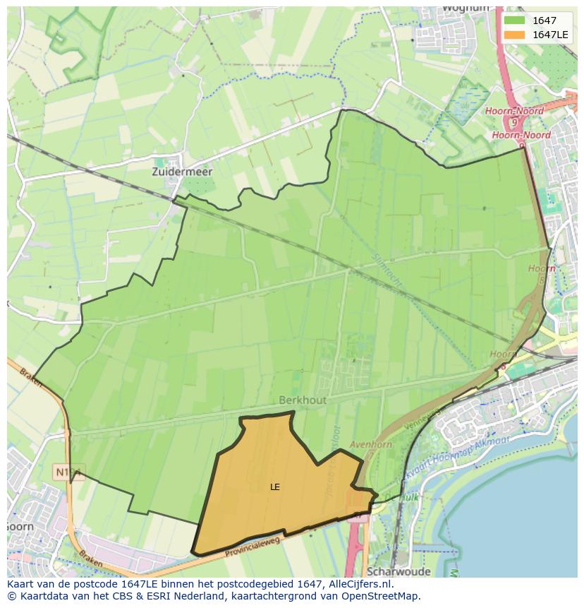 Afbeelding van het postcodegebied 1647 LE op de kaart.