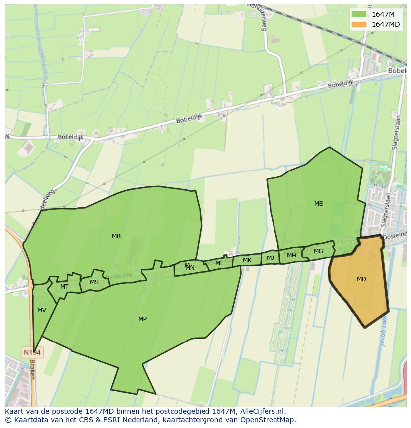 Afbeelding van het postcodegebied 1647 MD op de kaart.
