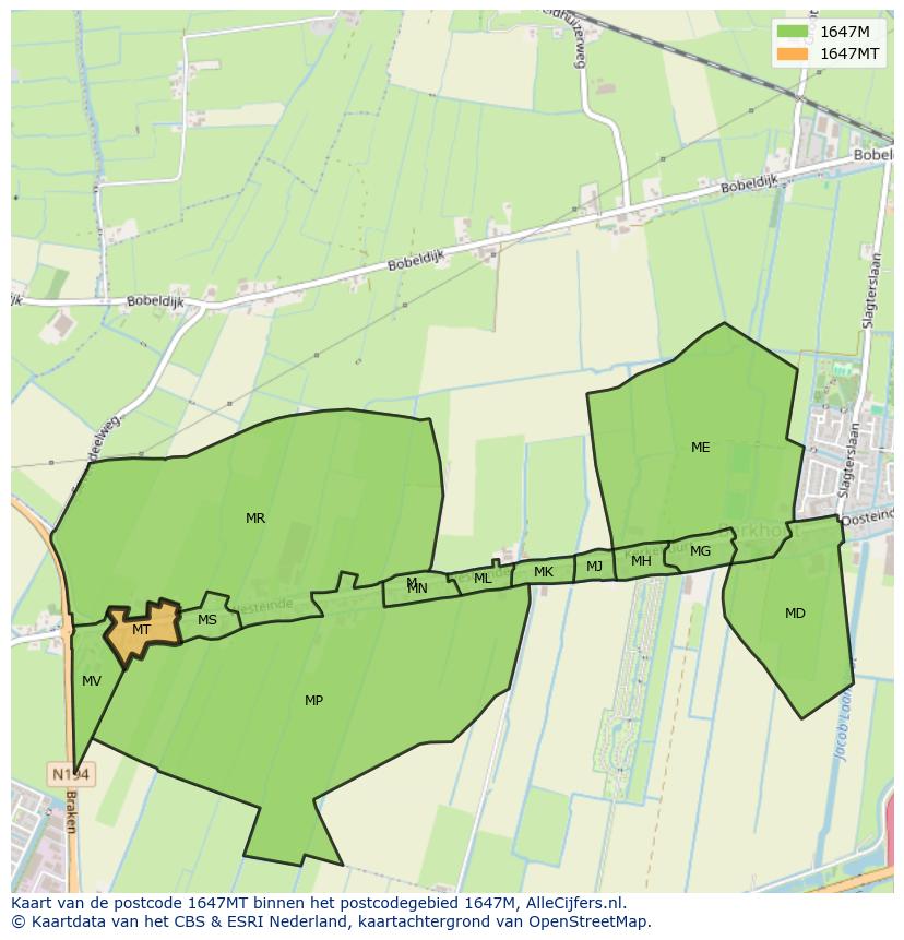 Afbeelding van het postcodegebied 1647 MT op de kaart.