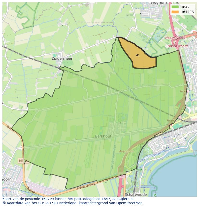 Afbeelding van het postcodegebied 1647 PB op de kaart.