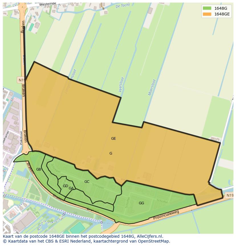 Afbeelding van het postcodegebied 1648 GE op de kaart.