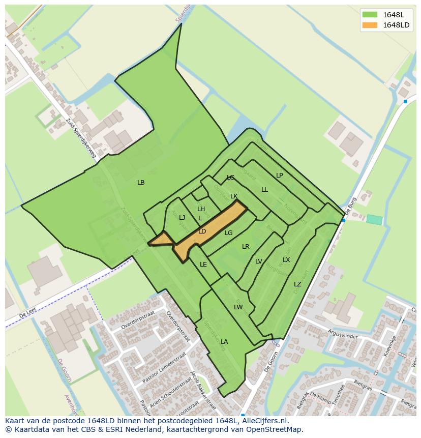 Afbeelding van het postcodegebied 1648 LD op de kaart.
