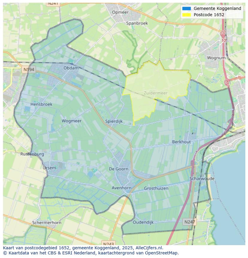 Afbeelding van het postcodegebied 1652 op de kaart.