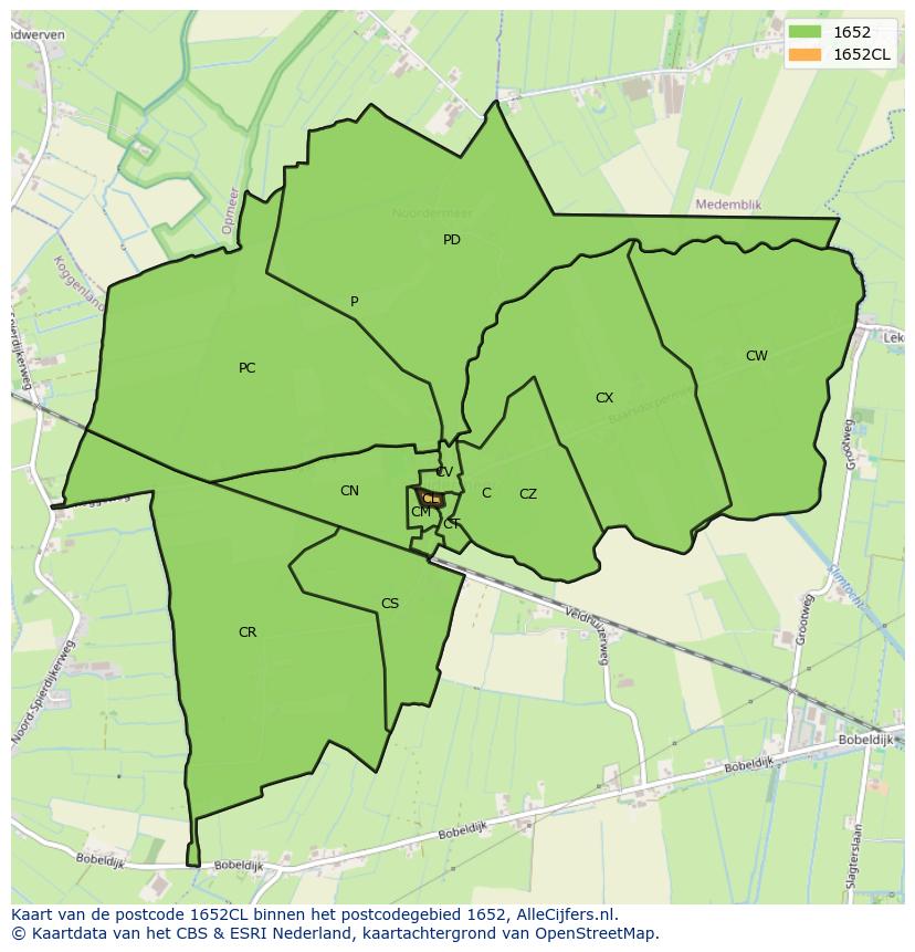Afbeelding van het postcodegebied 1652 CL op de kaart.