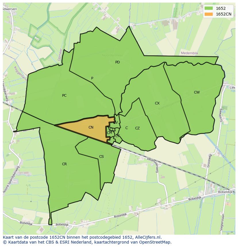 Afbeelding van het postcodegebied 1652 CN op de kaart.