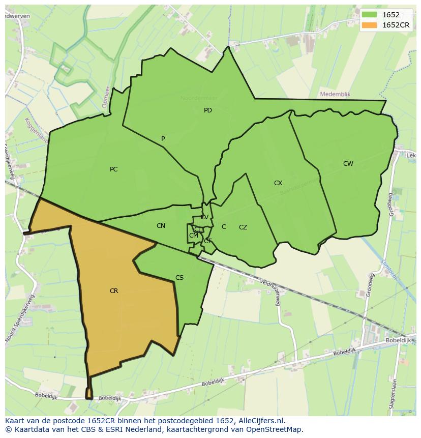 Afbeelding van het postcodegebied 1652 CR op de kaart.