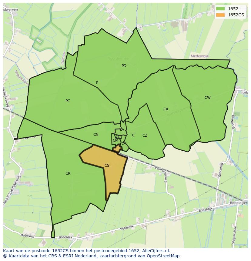 Afbeelding van het postcodegebied 1652 CS op de kaart.
