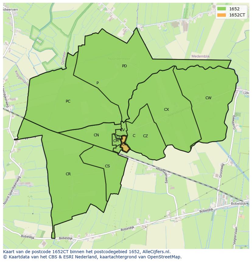Afbeelding van het postcodegebied 1652 CT op de kaart.