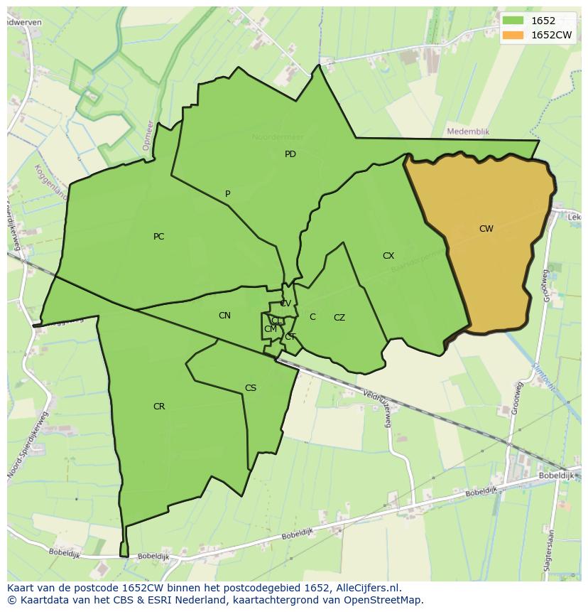 Afbeelding van het postcodegebied 1652 CW op de kaart.