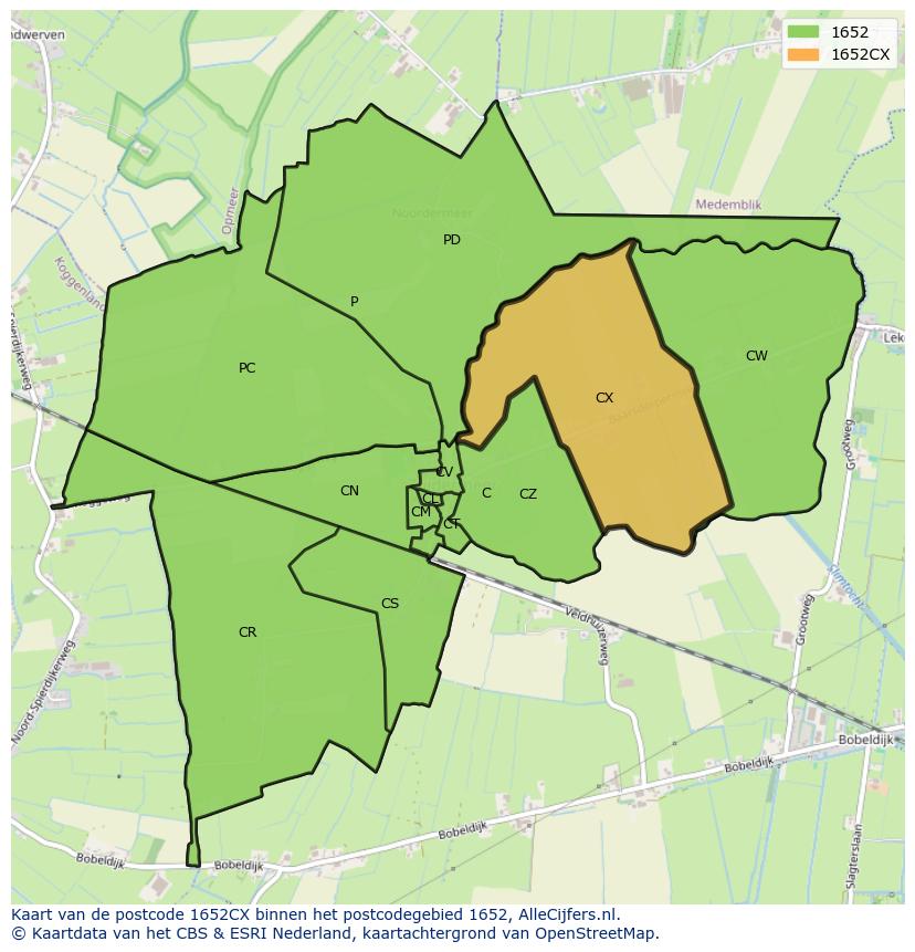 Afbeelding van het postcodegebied 1652 CX op de kaart.
