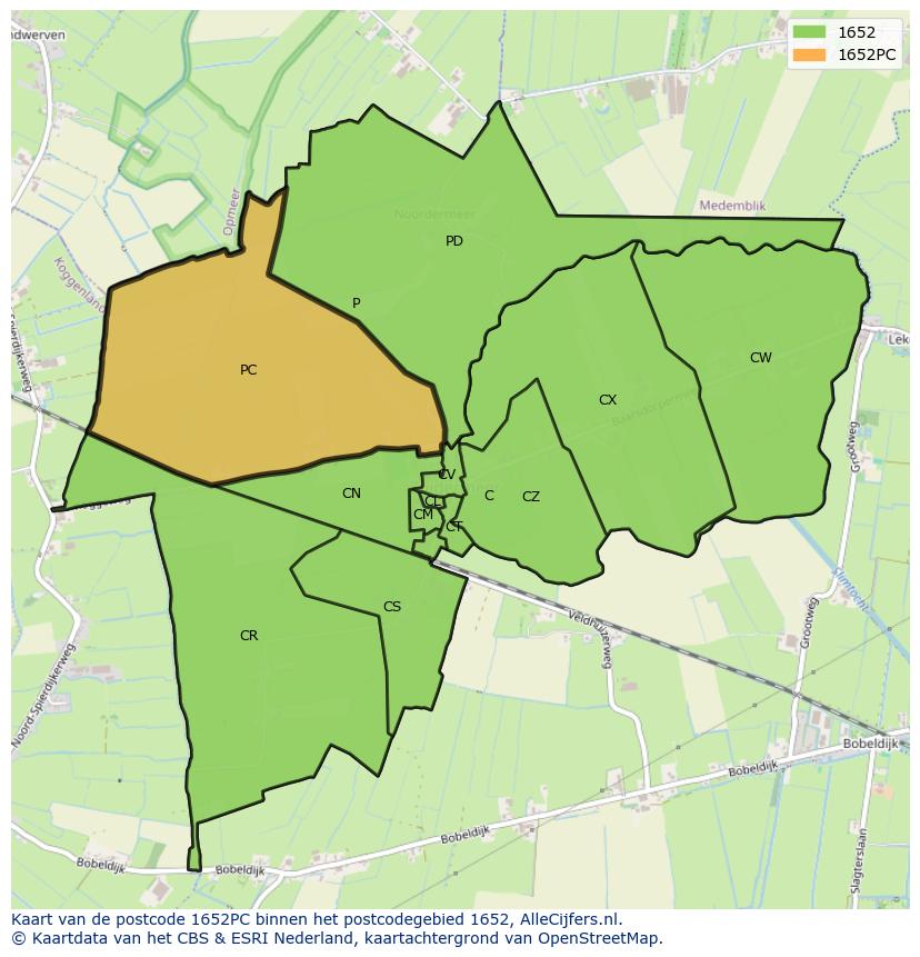 Afbeelding van het postcodegebied 1652 PC op de kaart.