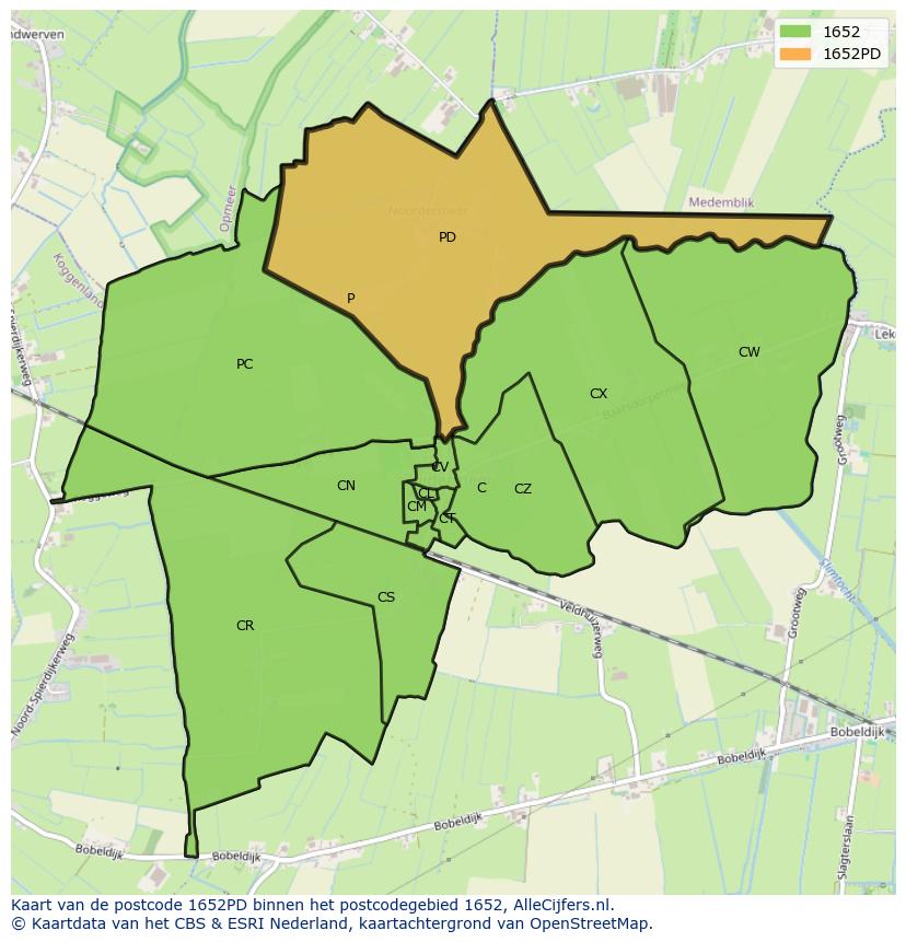 Afbeelding van het postcodegebied 1652 PD op de kaart.